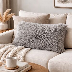 Icelandic Sheepskin Pillow 18x10 Gray Long Wool Fur Cushion Scandinavian Hygge